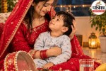छोटे बच्चे को गोद में लिए हुए उदास या परेशान मां, जो करवा चौथ के व्रत और बच्चे की देखभाल के बीच संतुलन बना रही है।