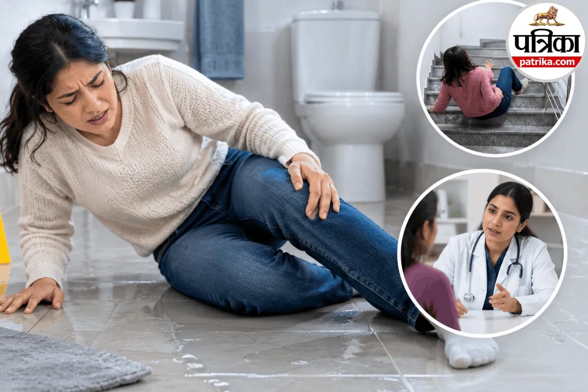 A person holding their back and knee in pain after slipping on a wet bathroom floor
