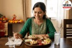 A healthy and balanced Navratri vrat meal with fruits, dry fruits, and water