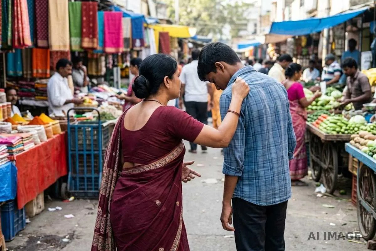 दमोह में गलत काम करते पकड़ाया बेटा, मां ने बीच रोड पर की जमकर पिटाई